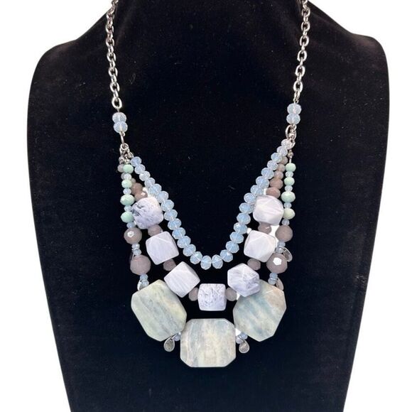 Vtg The Limited Blue Lace Agate Stone & Beads Layered Bib Necklace 19" Signed - Picture 6 of 6